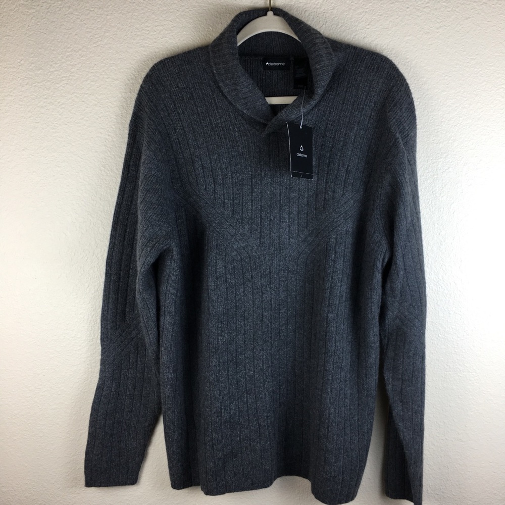 Claiborne Men's Cashmere Blend Long Sleeve Ribbed Gray Sweater Size L New